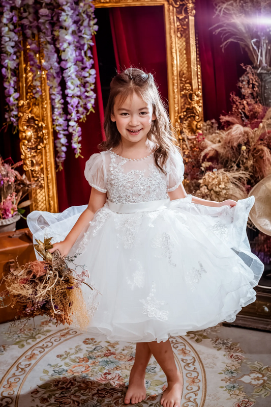 Ready-to-Ship ★ Charlotte - Hand-embroidered Puff Sleeves White Lace Gown