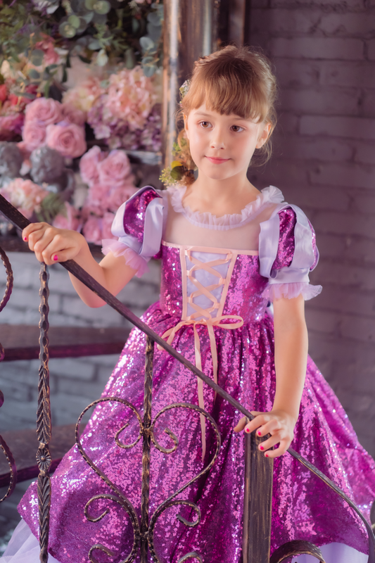 Rapunzel Purple & Pink Puff Sleeve Sequin Gown