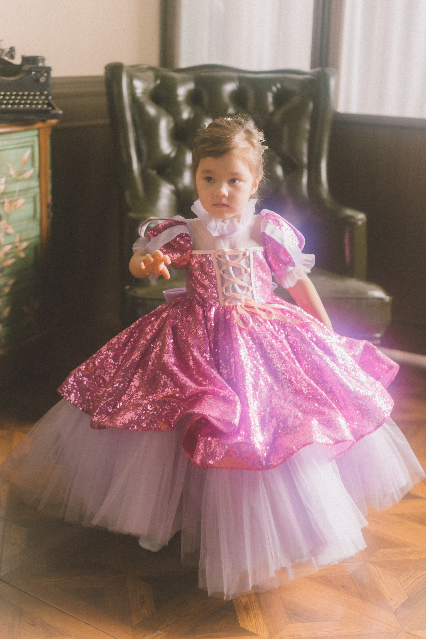 Rapunzel Purple & Pink Puff Sleeve Sequin Gown