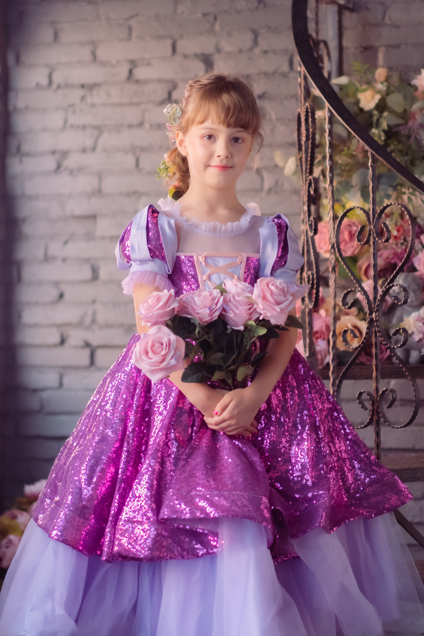 Rapunzel Purple & Pink Puff Sleeve Sequin Gown