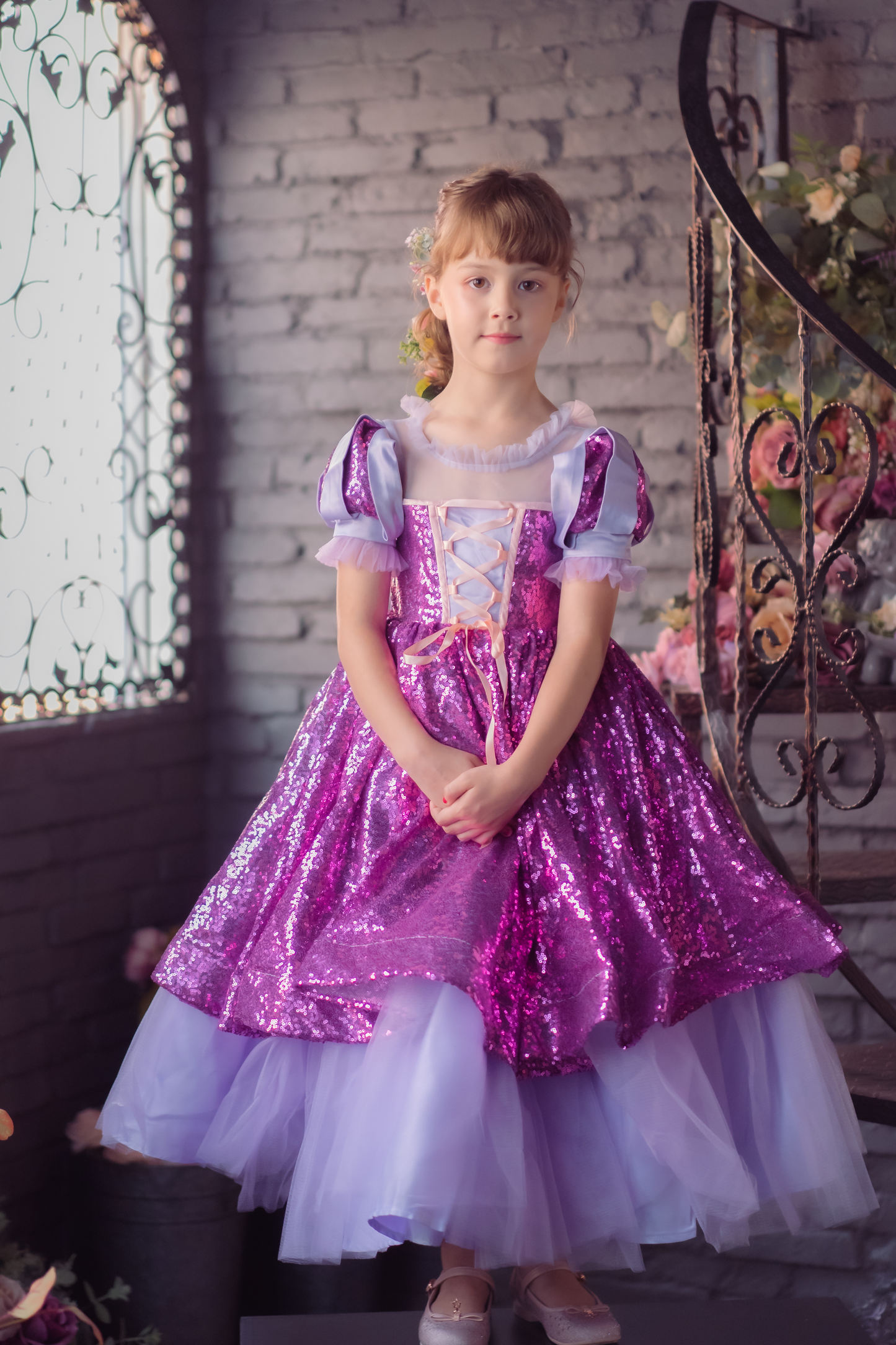 Rapunzel Purple & Pink Puff Sleeve Sequin Gown