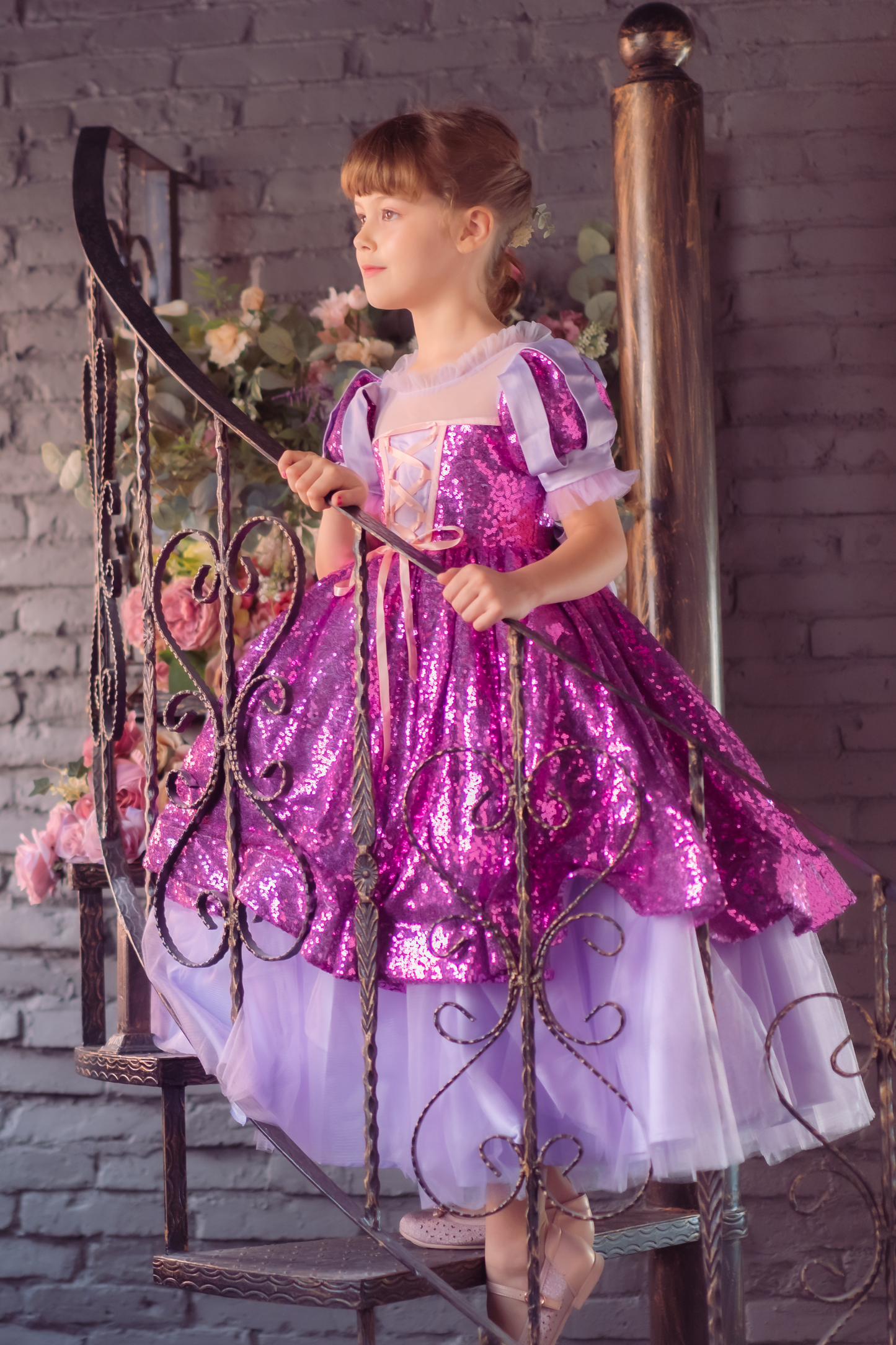 Rapunzel Purple & Pink Puff Sleeve Sequin Gown