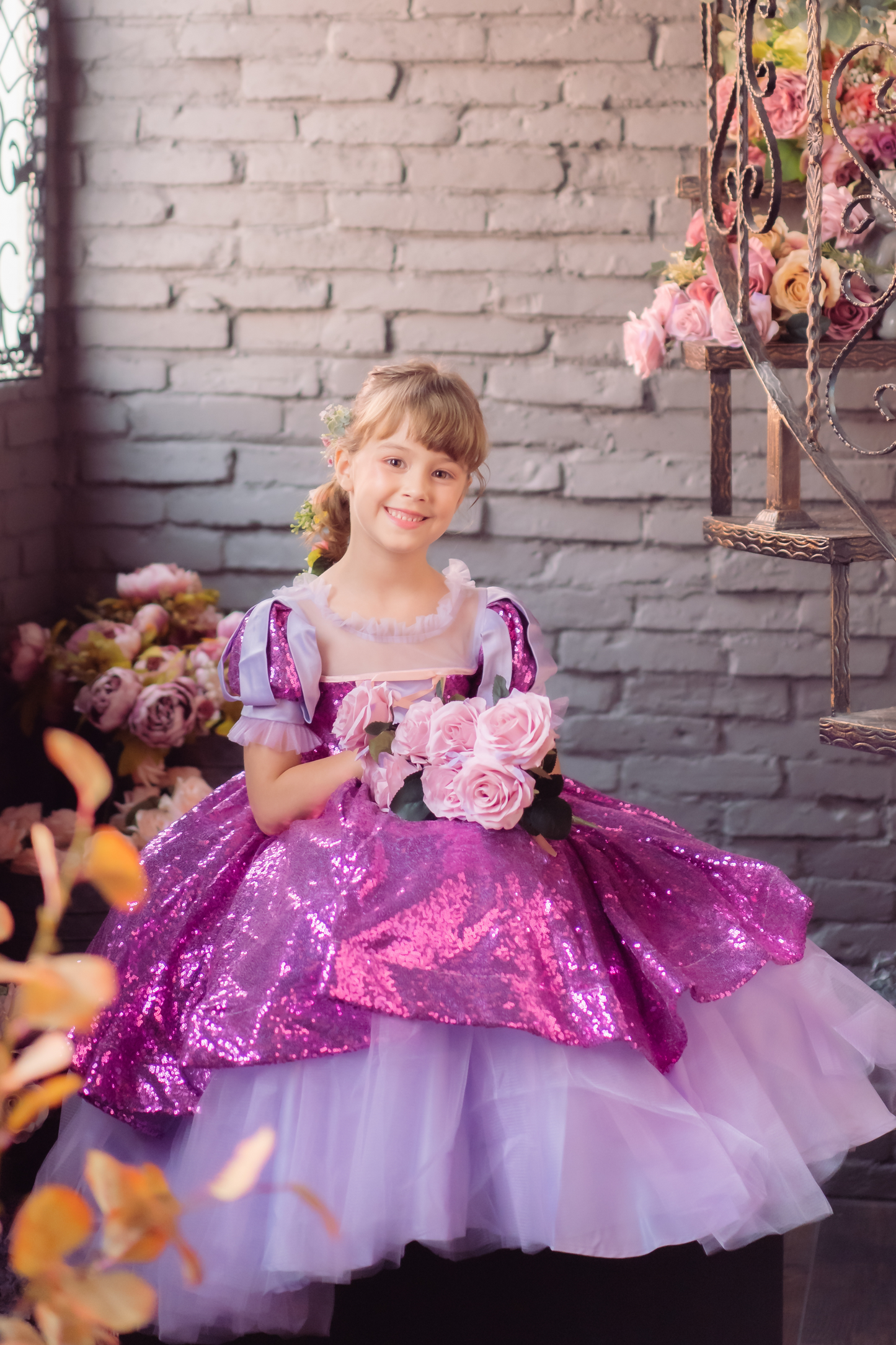 Rapunzel Purple & Pink Puff Sleeve Sequin Gown