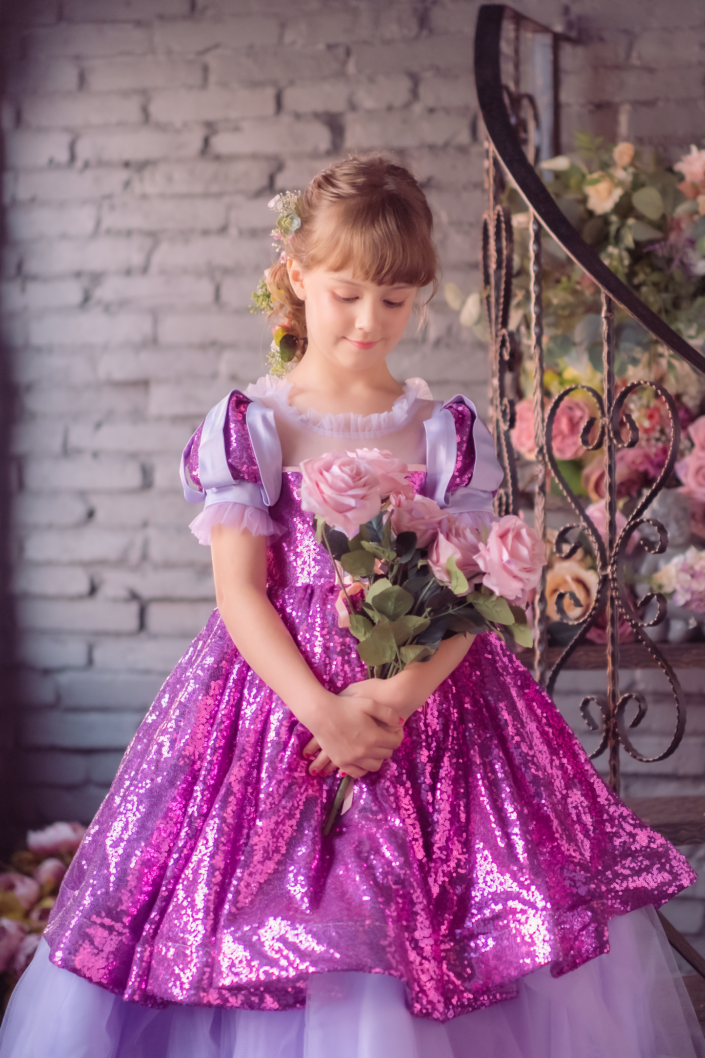 Rapunzel Purple & Pink Puff Sleeve Sequin Gown