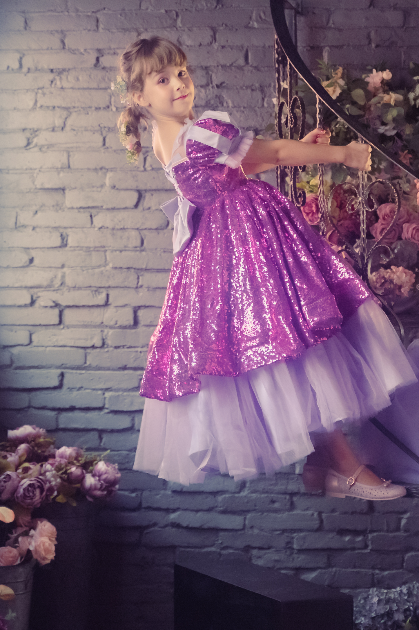 Rapunzel Purple & Pink Puff Sleeve Sequin Gown