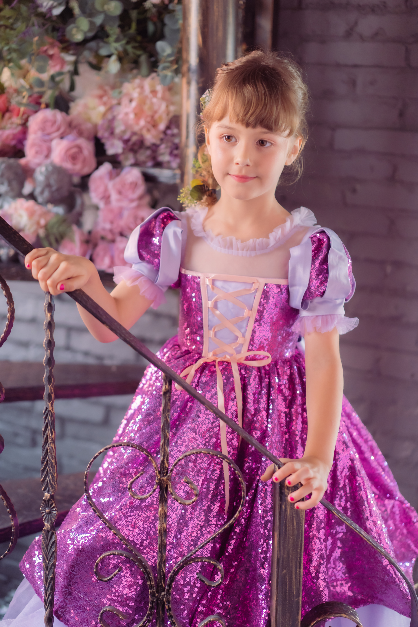 Rapunzel Purple & Pink Puff Sleeve Sequin Gown