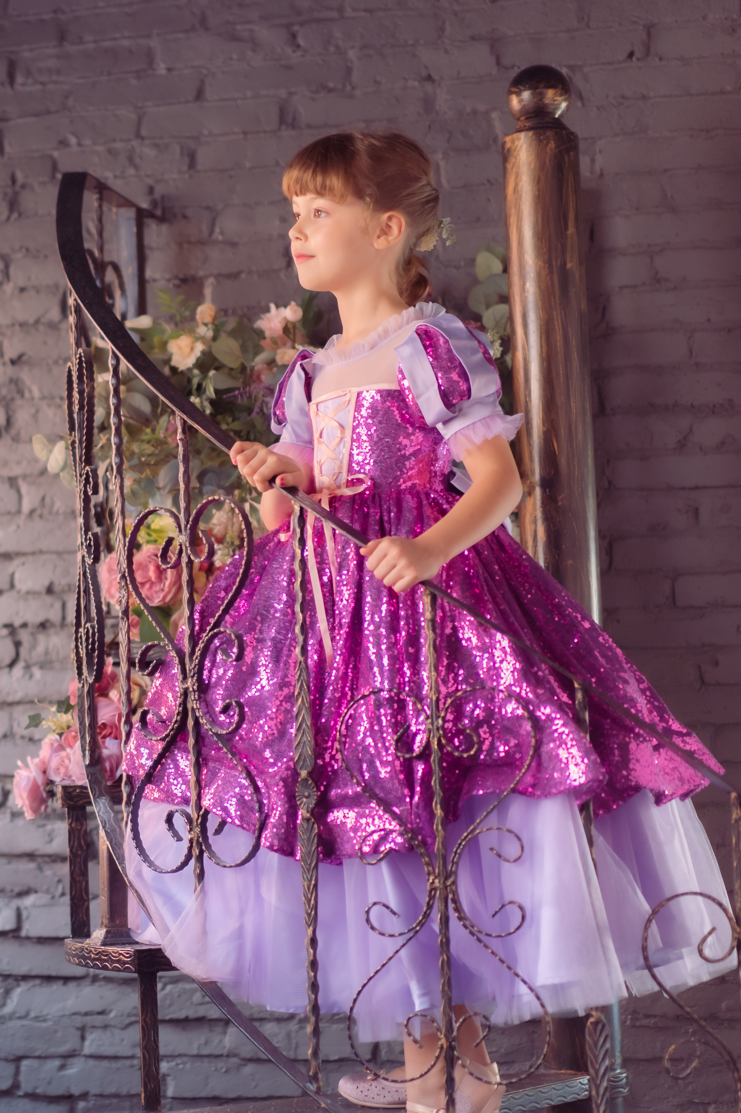 Rapunzel Purple & Pink Puff Sleeve Sequin Gown
