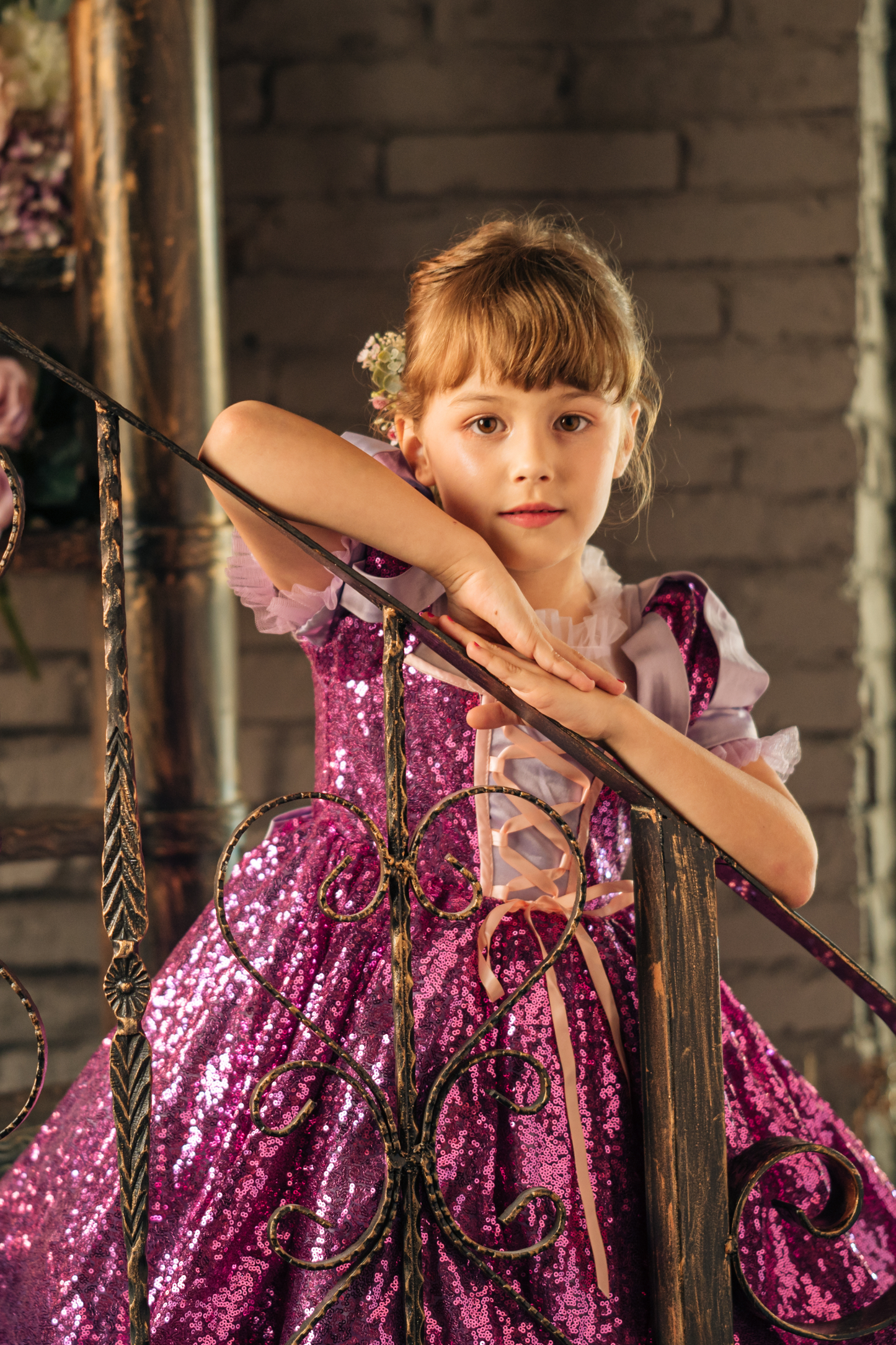 Rapunzel Purple & Pink Puff Sleeve Sequin Gown
