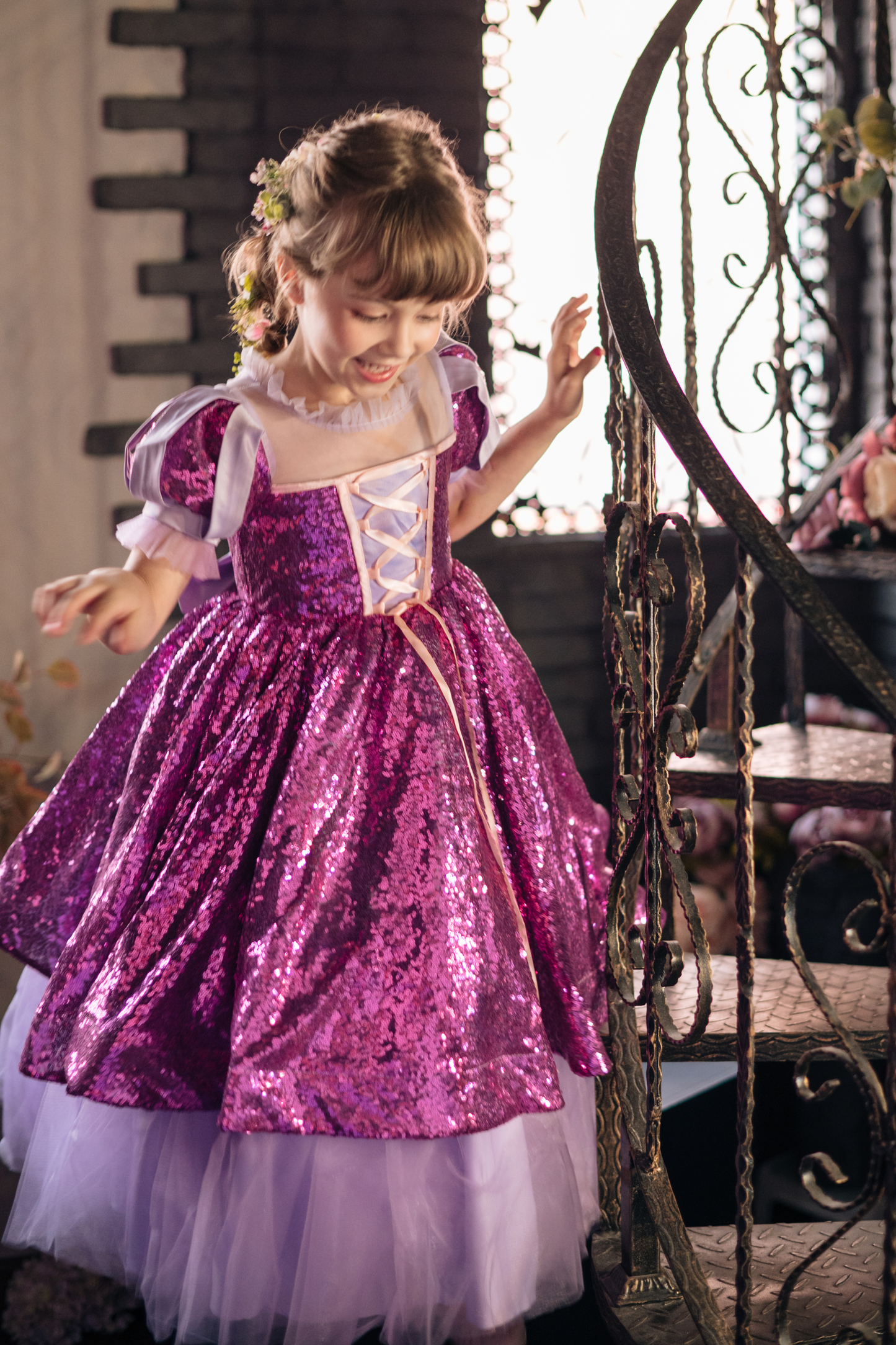 Rapunzel Purple & Pink Puff Sleeve Sequin Gown