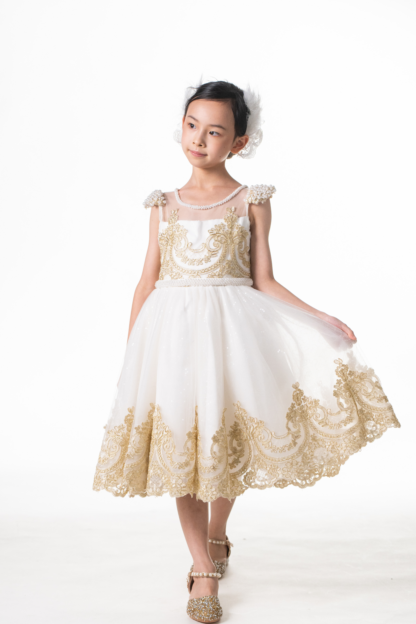 Ready-to-Ship ★ White Swan Gold Lace Dress