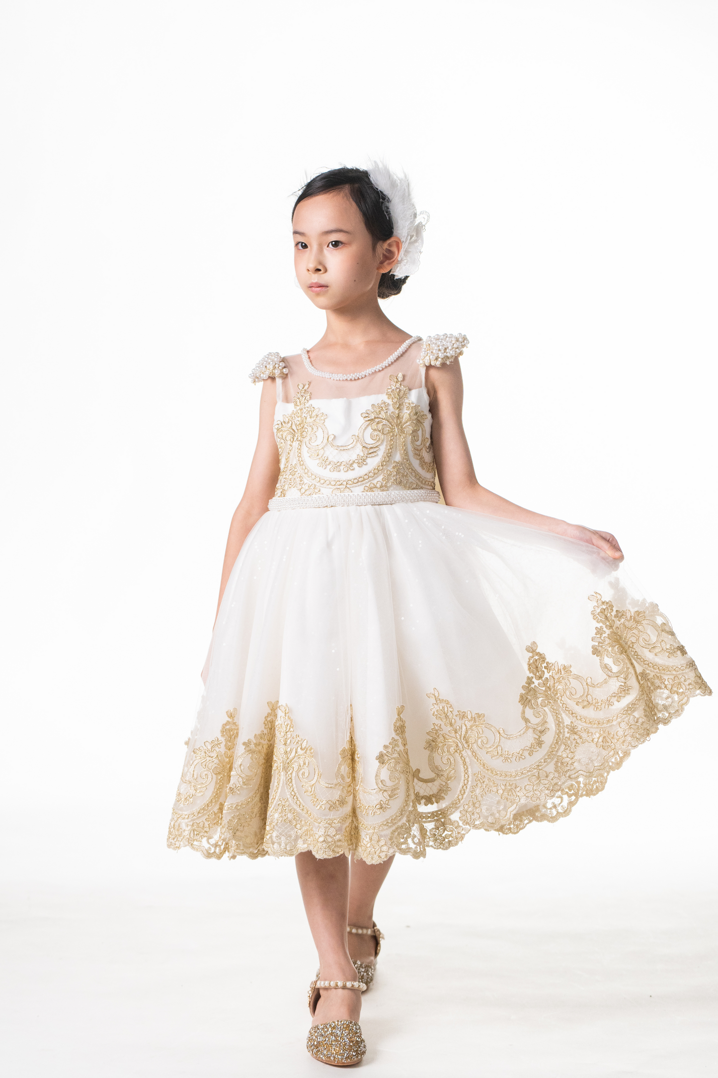 Ready-to-Ship ★ White Swan Gold Lace Dress