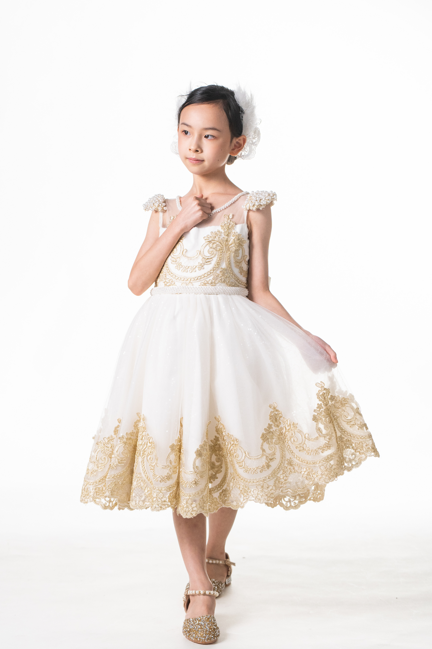 Ready-to-Ship ★ White Swan Gold Lace Dress