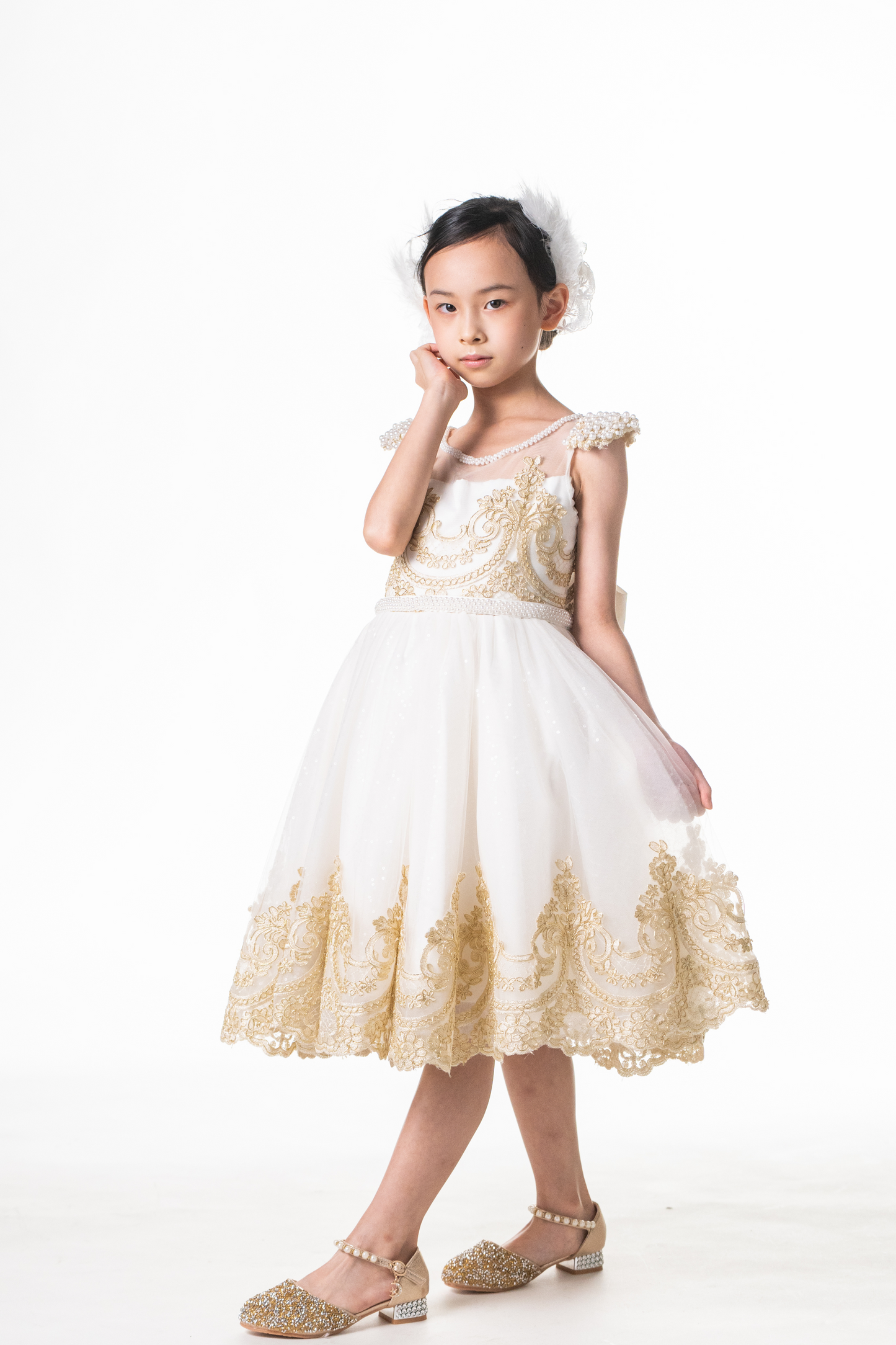 Ready-to-Ship ★ White Swan Gold Lace Dress