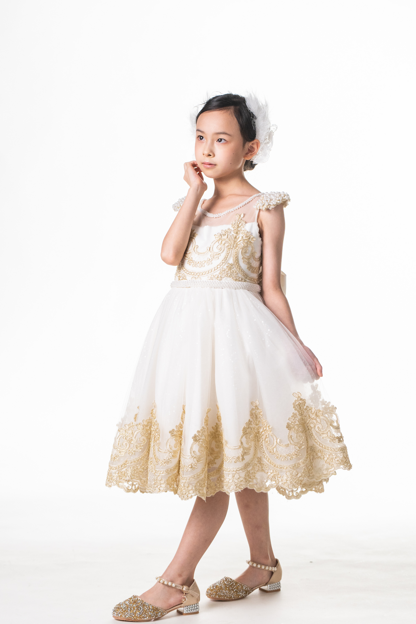 Ready-to-Ship ★ White Swan Gold Lace Dress