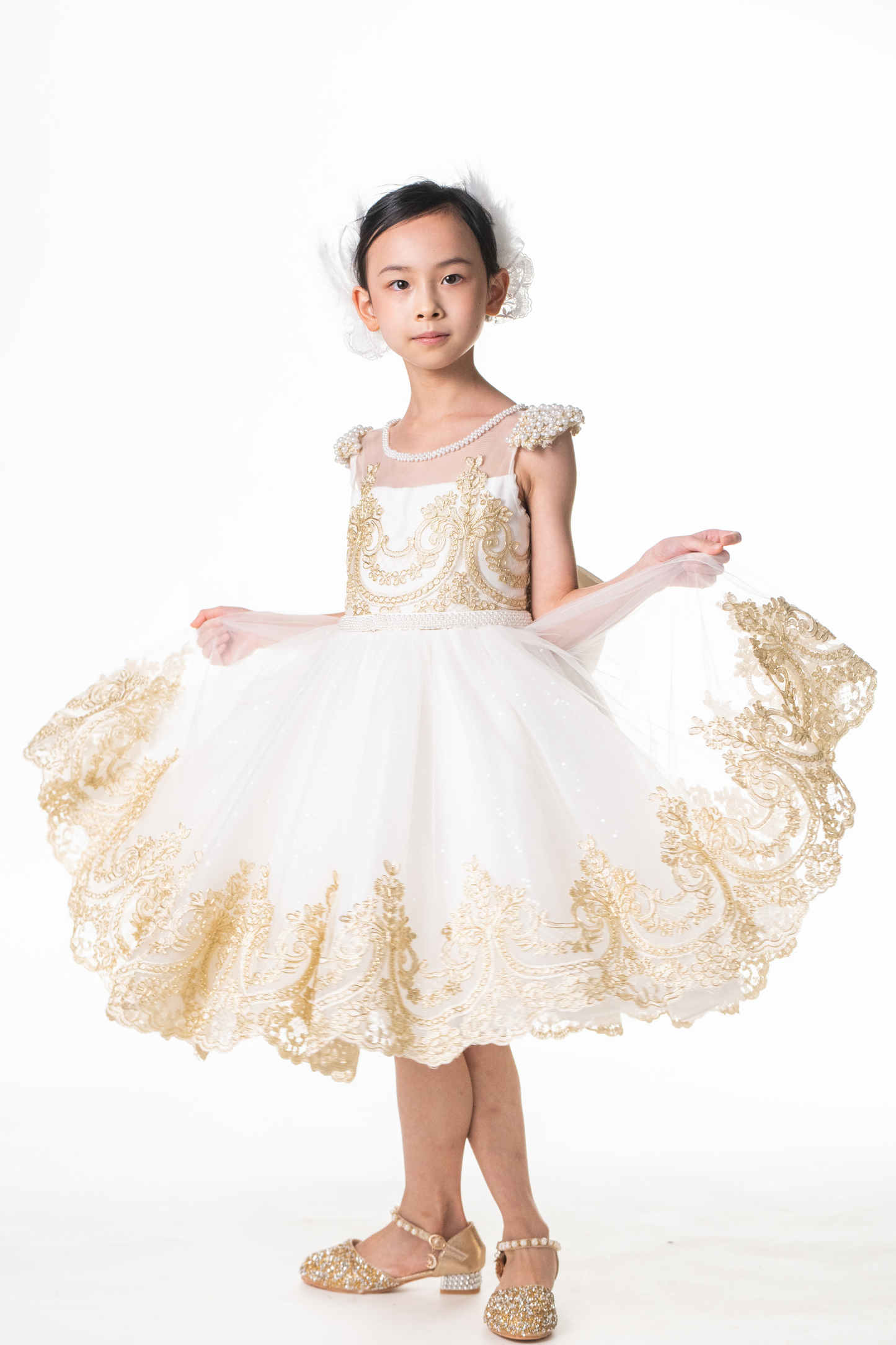 Ready-to-Ship ★ White Swan Gold Lace Dress