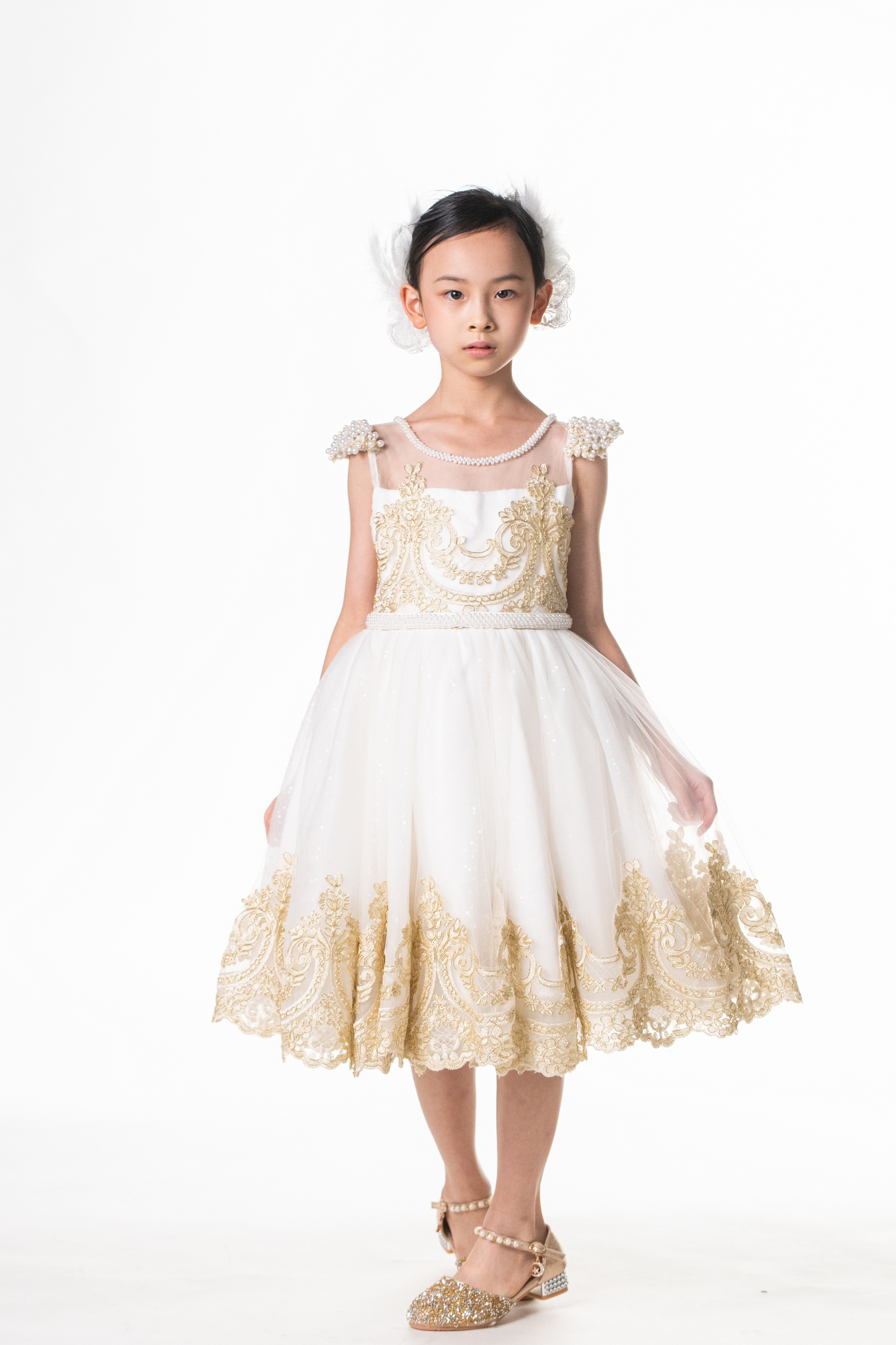 Ready-to-Ship ★ White Swan Gold Lace Dress