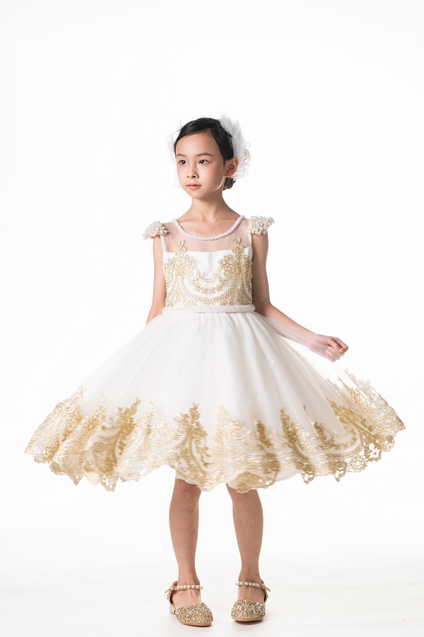 Ready-to-Ship ★ White Swan Gold Lace Dress