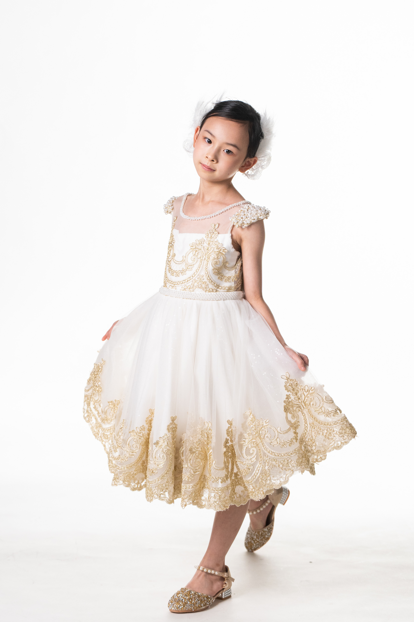 Ready-to-Ship ★ White Swan Gold Lace Dress