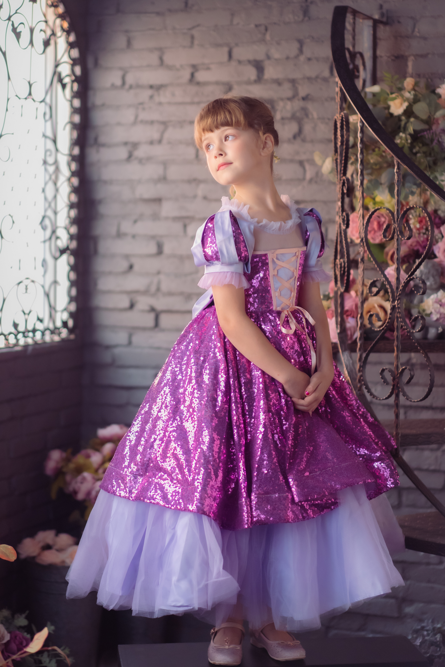 Rapunzel Purple & Pink Puff Sleeve Sequin Gown