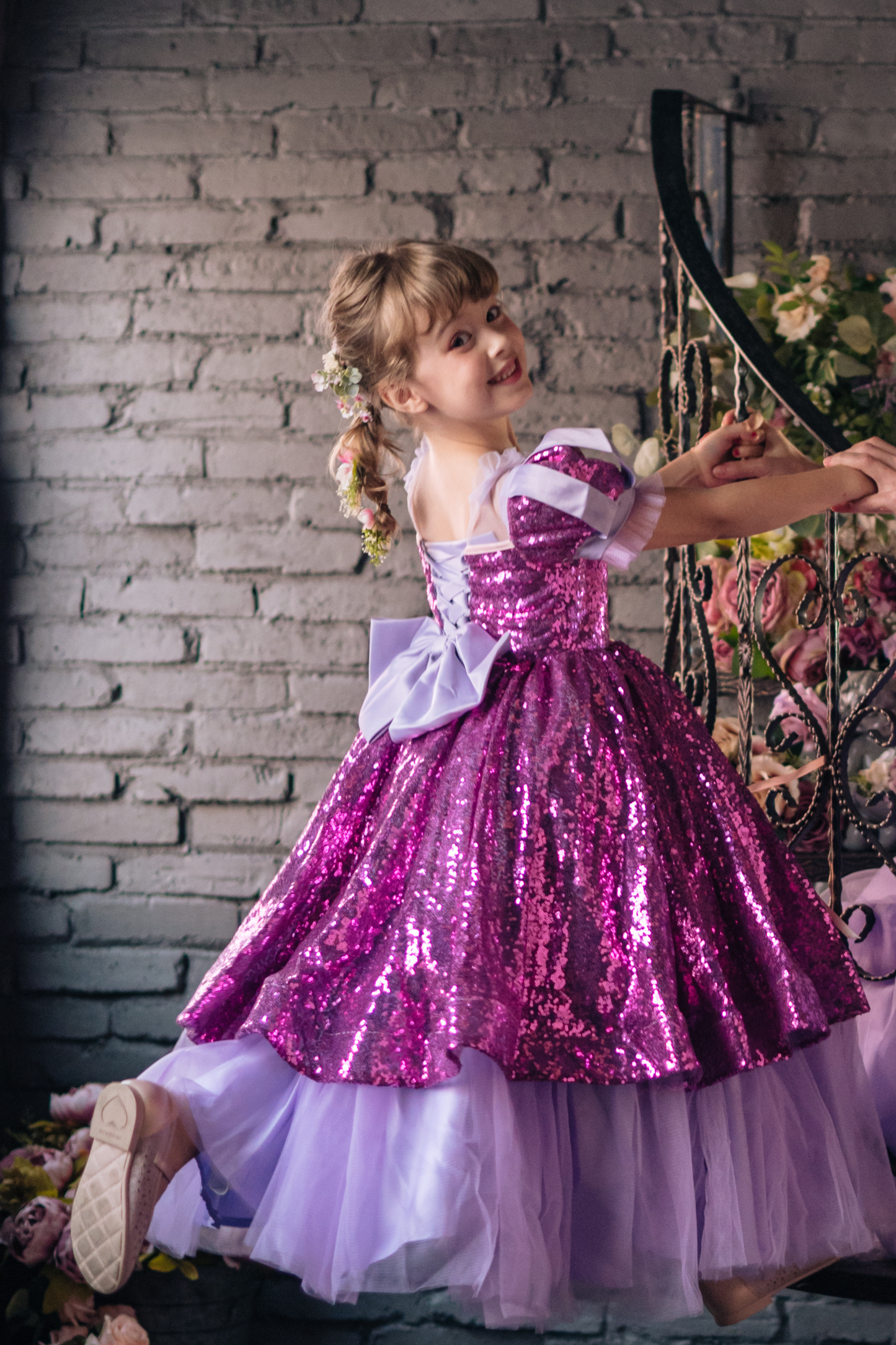 Rapunzel Purple & Pink Puff Sleeve Sequin Gown