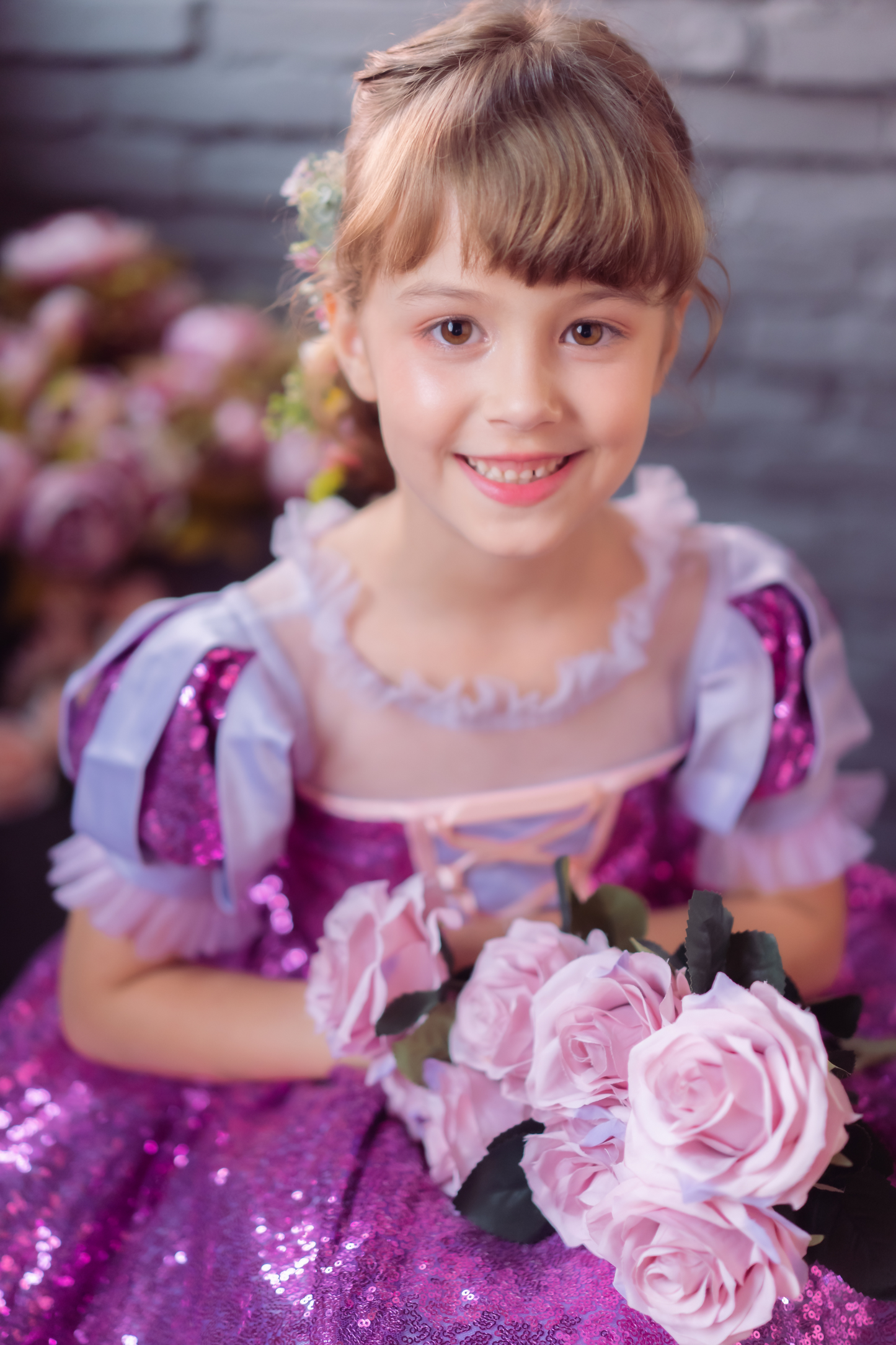 Rapunzel Purple & Pink Puff Sleeve Sequin Gown
