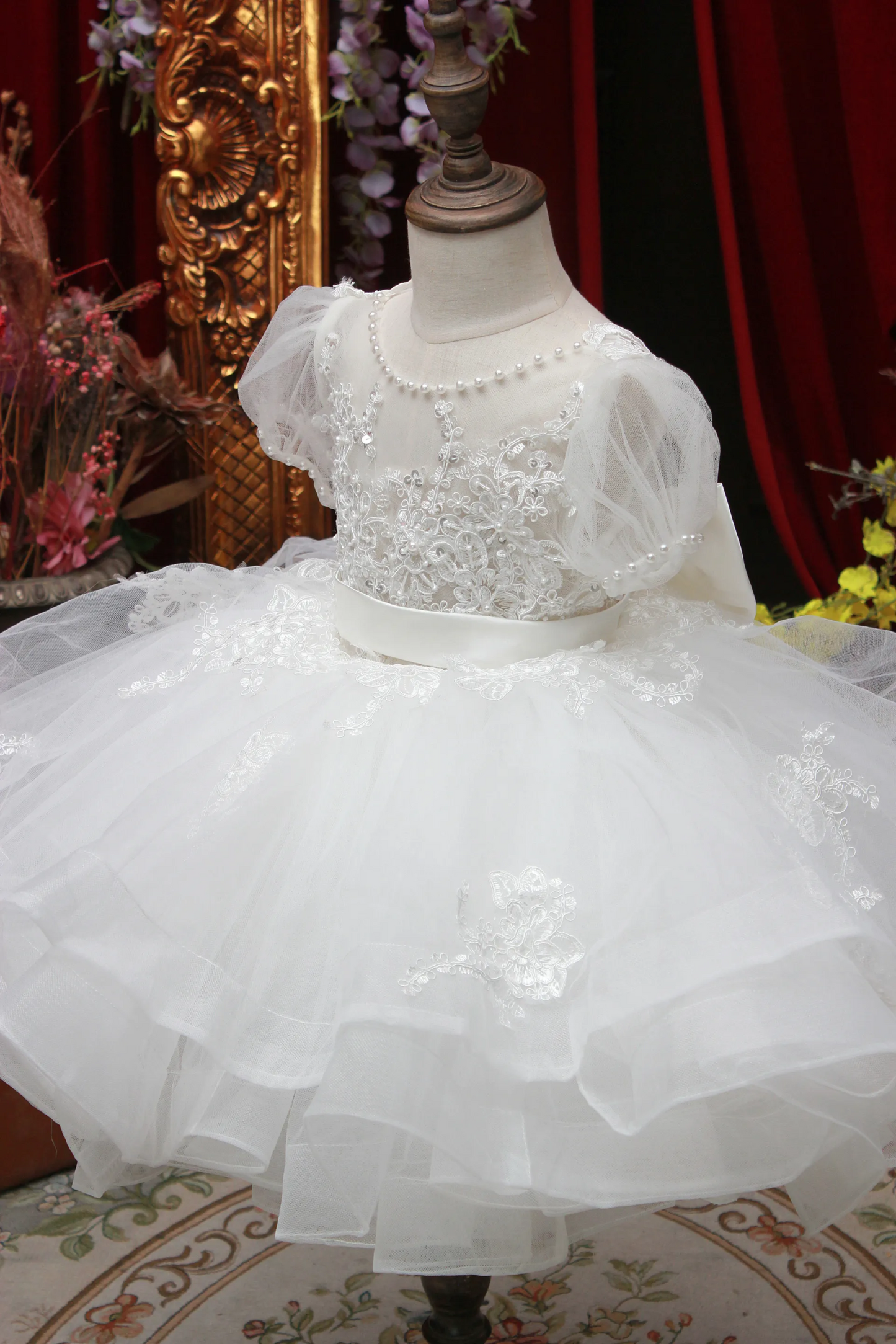 Ready-to-Ship ★ Charlotte - Hand-embroidered Puff Sleeves White Lace Gown