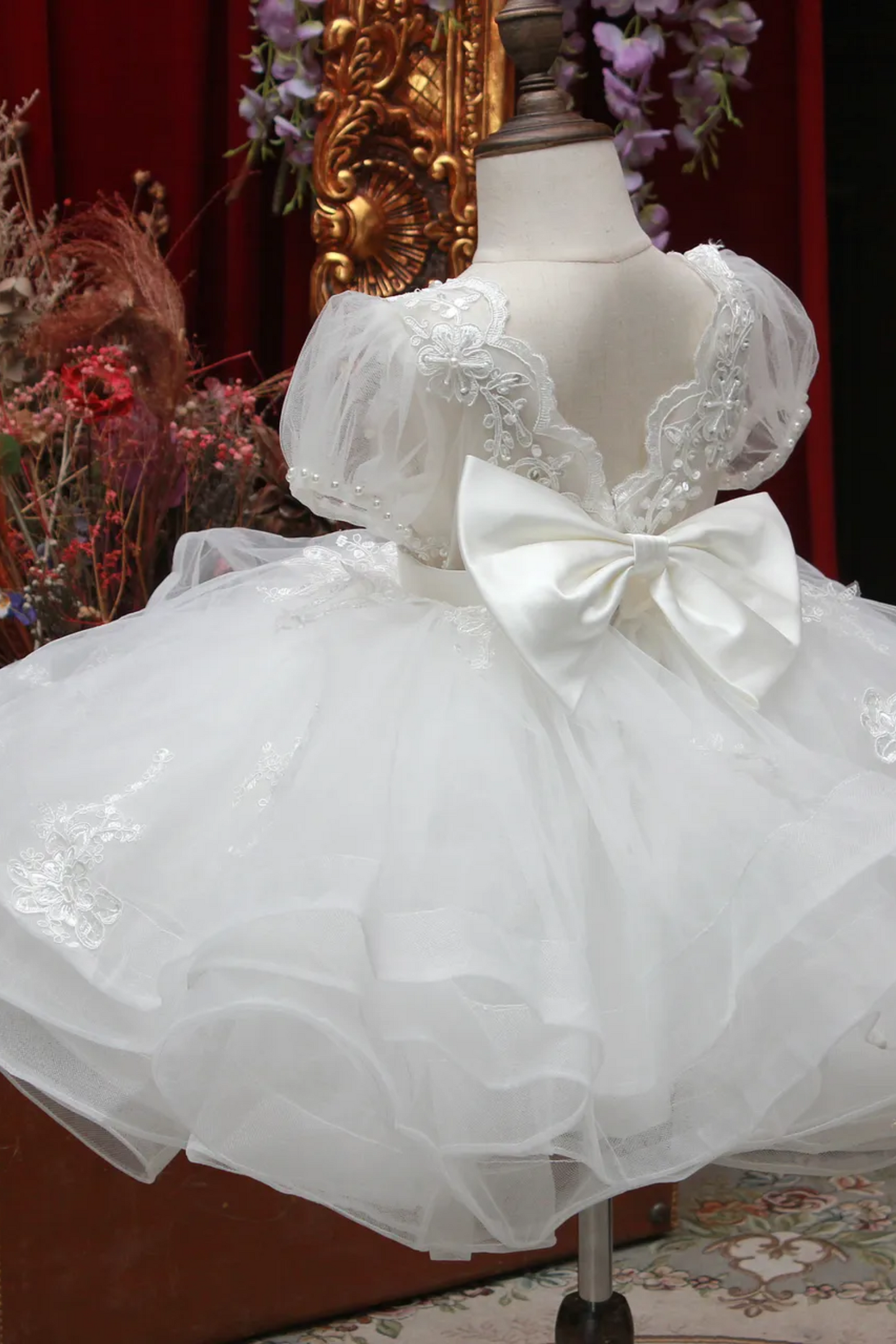 Ready-to-Ship ★ Charlotte - Hand-embroidered Puff Sleeves White Lace Gown
