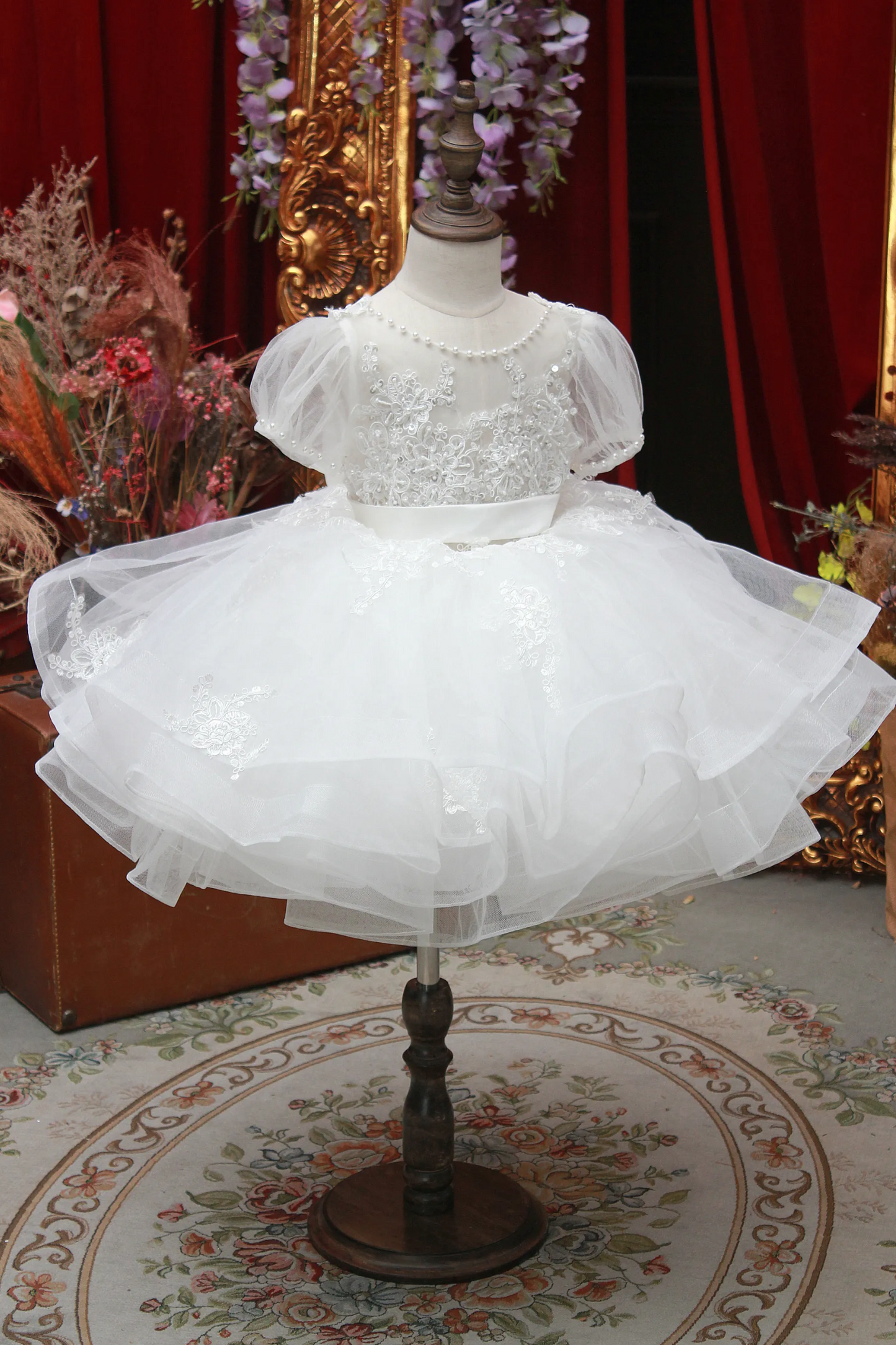Ready-to-Ship ★ Charlotte - Hand-embroidered Puff Sleeves White Lace Gown