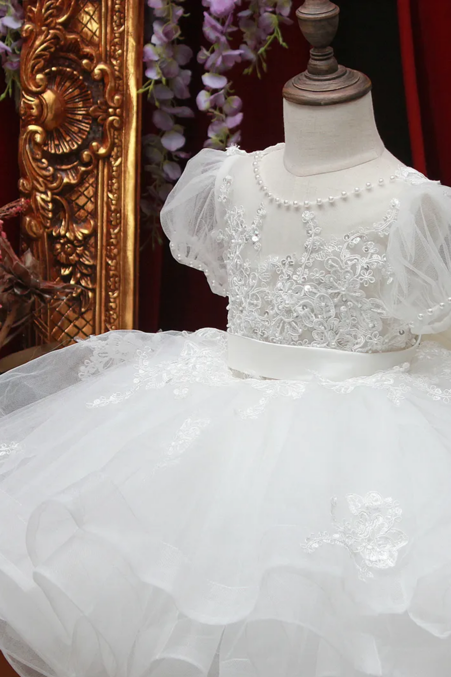 Ready-to-Ship ★ Charlotte - Hand-embroidered Puff Sleeves White Lace Gown